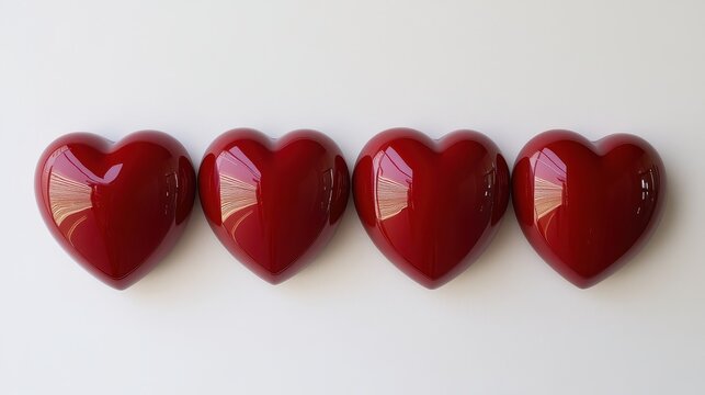 Four Shiny Red Hearts in a Row on White Background - Powered by Adobe