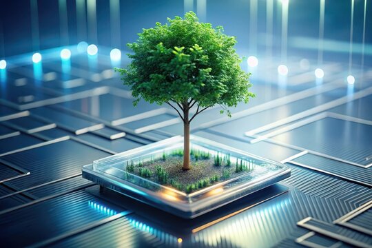 A flourishing sapling, nestled within a transparent cube, rests on a sleek, technological surface, symbolizing the harmonious integration of nature and innovation for a sustainable future.