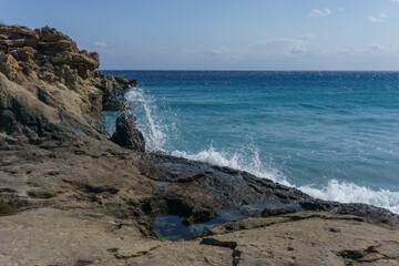 Beautiful landscape of Geopark of Agios Nikolaos a Petrified Forest at the mediterranean sea coast on a sunny spring day, Laconia, Peloponnese, Greece