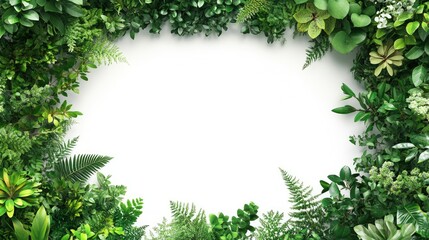 A rectangular frame made of green plants and flowers, with a white background in the center of the picture