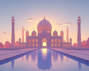 A majestic white mosque reflected in still waters at sunset