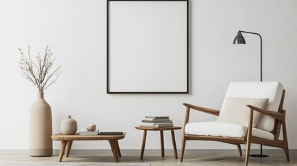 A simple and minimalist interior design featuring an armchair, a coffee table with books, a lamp, and a vase on the wall in front of it