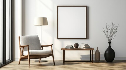 A simple and minimalist interior design featuring an armchair, a coffee table with books, a lamp, and a vase on the wall in front of it