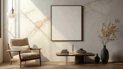 A simple and minimalist interior design featuring an armchair, a coffee table with books, a lamp, and a vase on the wall in front of it