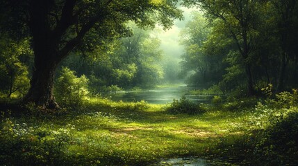 Obraz premium Sunlit Forest Path With River And Flowers
