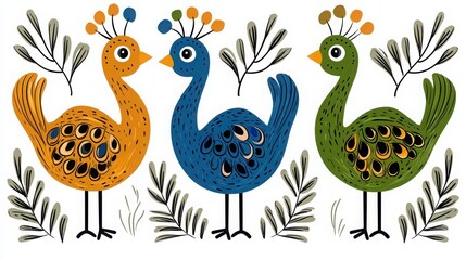 Fototapeta premium Whimsical illustration of three colorful peacocks adorned with vibrant feathers, set against a backdrop of stylized foliage.