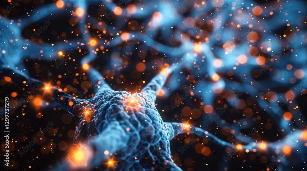 Poster microscopic view of a neuron with glowing connections and orange sparks