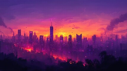Vibrant sunset over a futuristic city skyline.