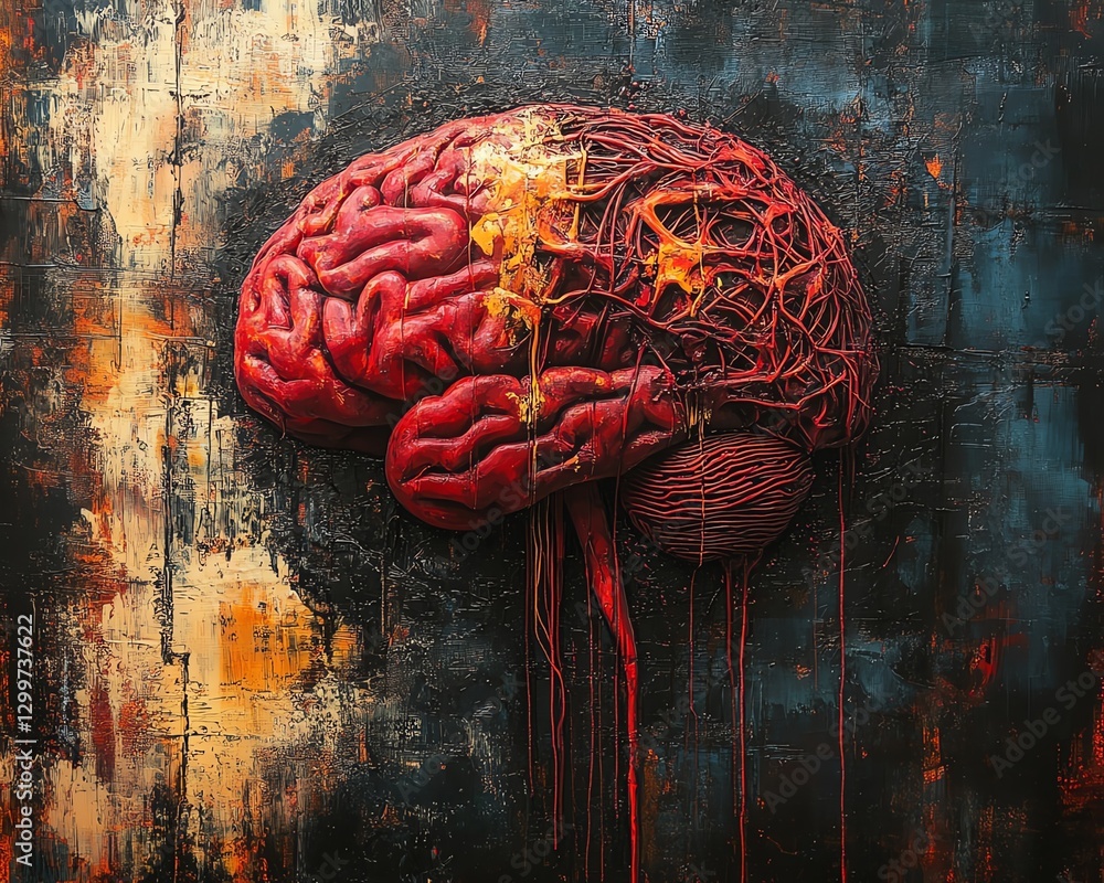 Poster human brain vividly depicted with intricate strings symbolizing control and creativity