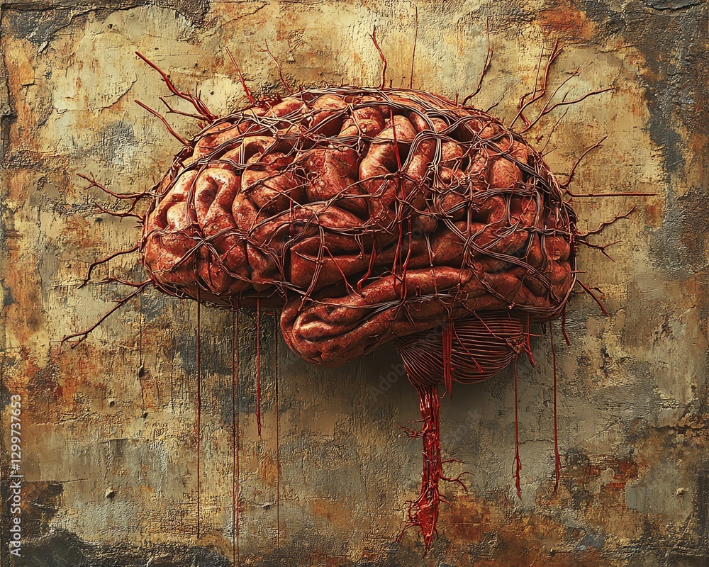 Poster human brain vividly depicted with intricate strings symbolizing control and creativity
