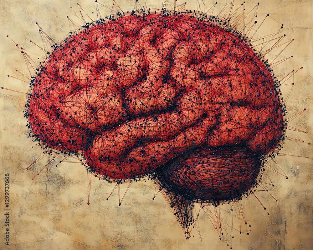 Poster human brain vividly depicted with intricate strings symbolizing control and creativity
