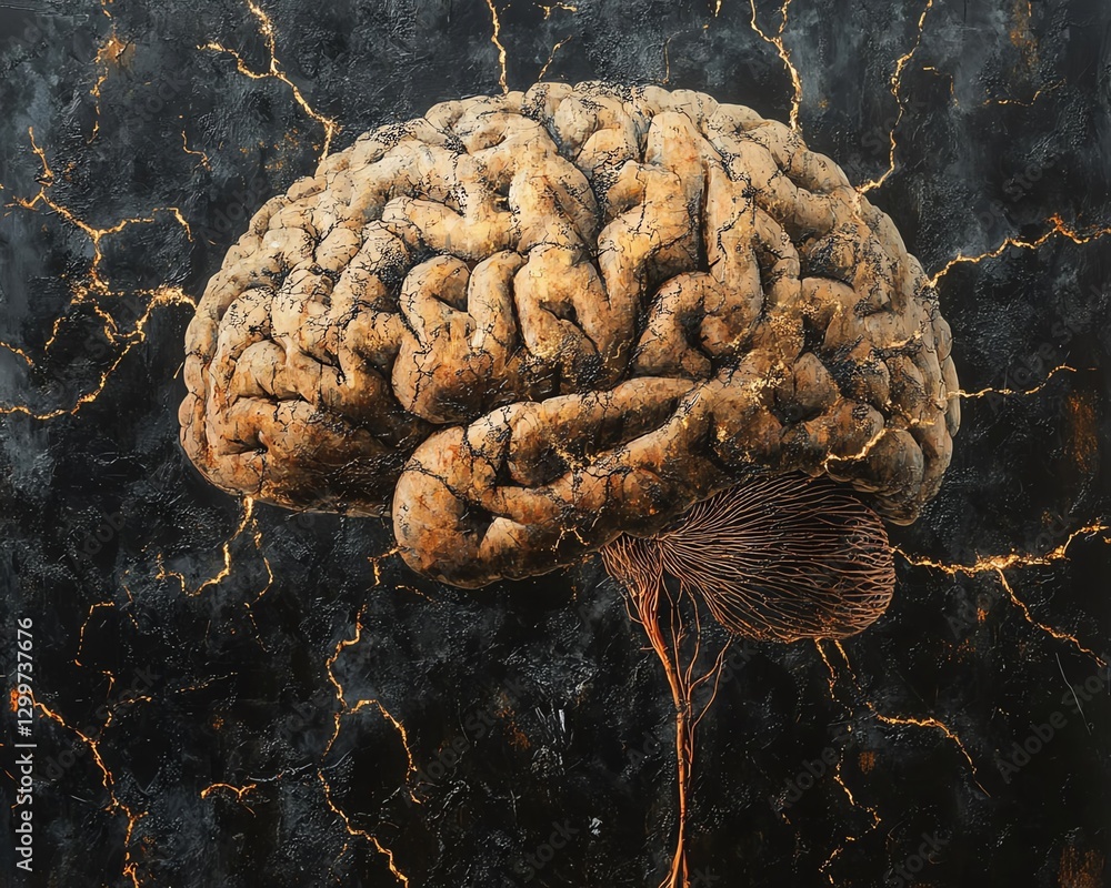 Poster human brain vividly depicted with intricate strings symbolizing control and creativity