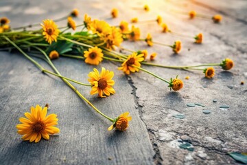 Obraz premium Scattered yellow blossoms on a textured surface, bathed in warm sunlight, creating a serene and peaceful ambiance