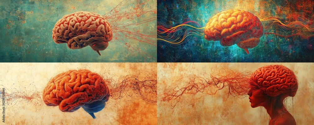 Aufkleber vivid human brain against a rich, textured background with intricate strings symbolizing control and