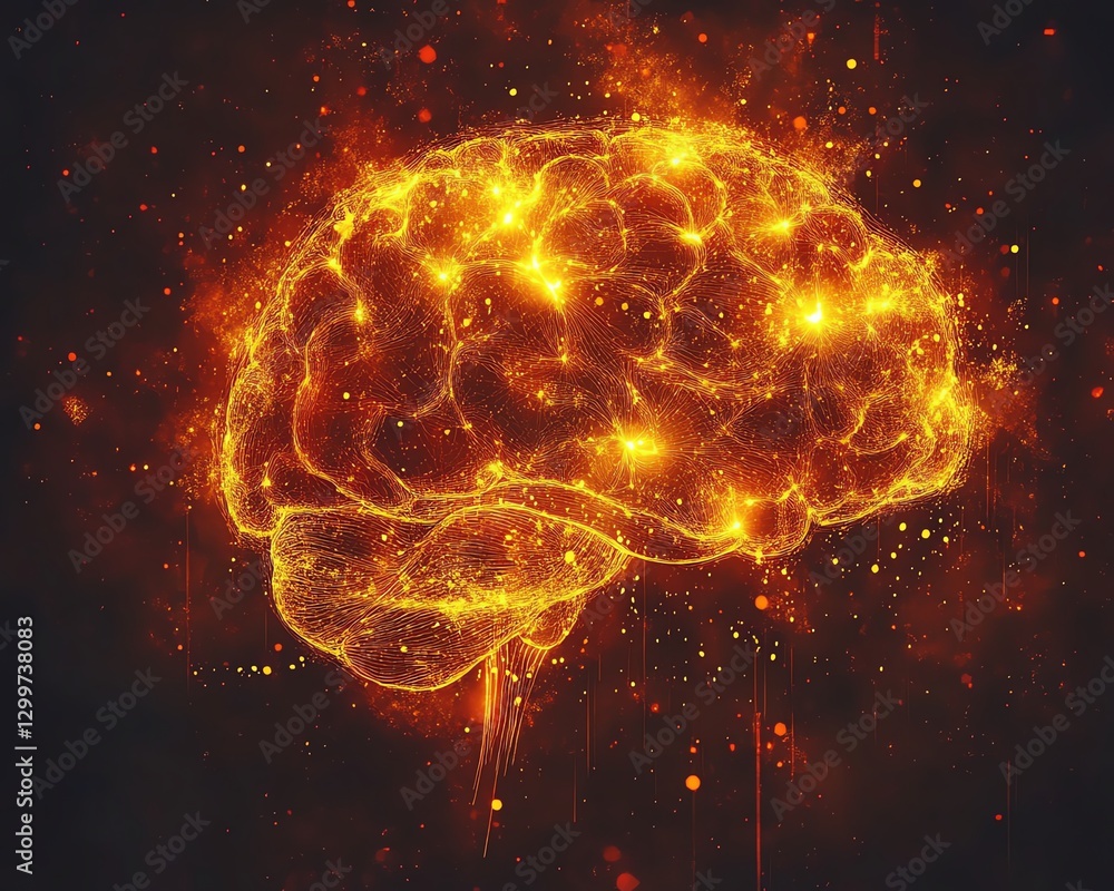 Poster vivid human brain with glowing strings intertwined