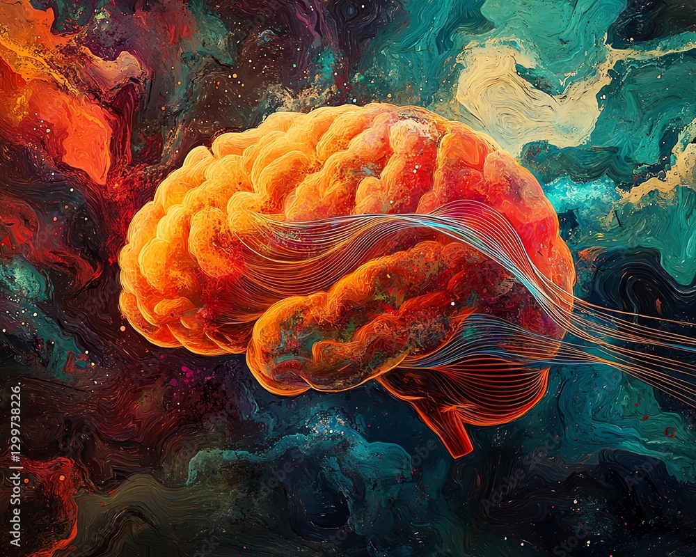 Aufkleber artistic depiction of a vivid human brain with strings flowing through it, symbolizing control, crea