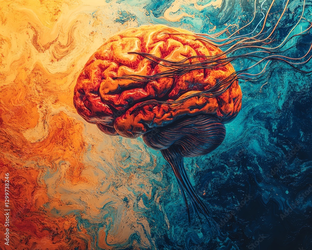 Aufkleber artistic depiction of a vivid human brain with strings flowing through it, symbolizing control, crea