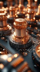Golden gears close-up on dark circuit board