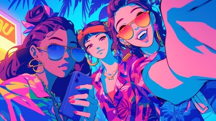 Funky Pop Art Experience, Friends enjoying a playful photo booth in a retro arcade, featuring bold outlines, solid colors, and a vibrant neon color palette in a geometric design.