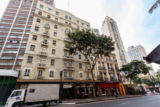 S&Atilde;O PAULO, SP, BRAZIL - JULY 27, 2024: Facade of the Cinel&acirc;ndia Hotel on S&atilde;o Jo&atilde;o Avenue, in classical-style, was a residential building designed by the Ramos de Azevedo office.