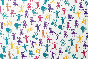 Colorful pattern of playful stick figures, balloons, and playful activities on a white background.