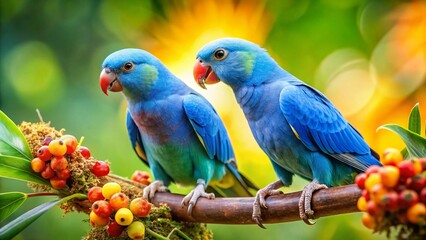 Vibrant Blue Parakeets Enjoying Tropical Fruits & Seeds