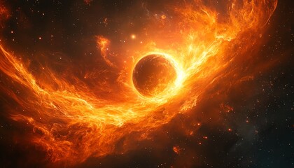Obraz premium Cosmic inferno scene featuring a fiery nebula engulfing a distant planet, swirling flames and intense space colors, ideal for vivid space artwork, posters, and wallpaper creations