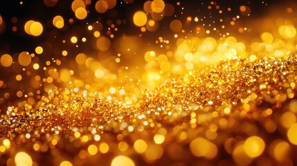 Golden glitter bokeh, dark background, festive