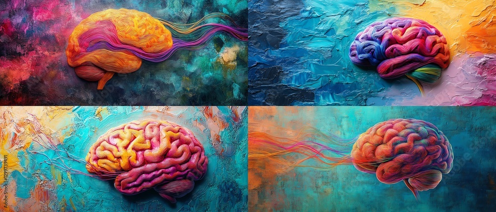 Poster detailed closeup of a human brain with vibrant strings weaving through it