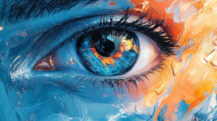 Digital art of a blue human eye with a glitch effect, vibrant and bold color scheme, abstract patterns and distortions in the iris, creating a mesmerizing futuristic composition