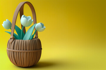 Three white tulips with green leaves in a wooden basket on a yellow background. Generative AI.