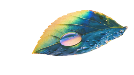 A macro shot of a water drop on a green leaf reflecting a vibrant rainbow and blue sky.