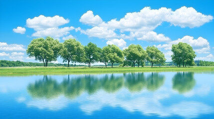 Serene Summer Landscape with Green Trees Reflected in a Calm Blue River