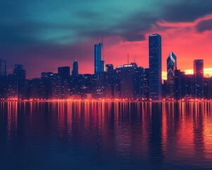 Fototapeta premium Vibrant city skyline at dusk with reflections