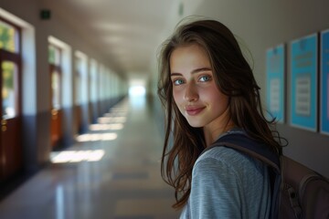 Fototapeta premium Portrait of a beautiful girl with a backpack and looking at the camera against the background of a school corridor. 