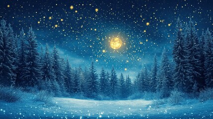 Naklejka premium Magical Winter Night Scene with Shimmering Gold Particles Against Deep Blue Sky, Evoking Holiday Wonder.