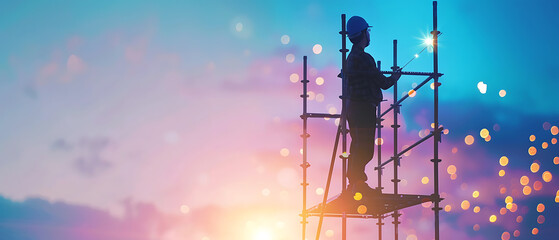 Construction worker on scaffolding at sunset industrial site photography urban environment silhouette concept