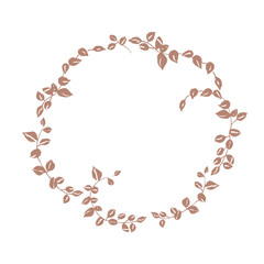 Floral wreath with branches and leaves in mocha mousse color. Isolated on white 
