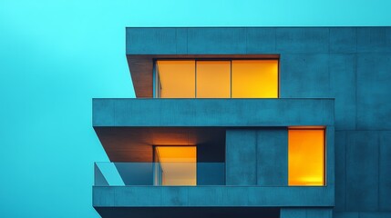 Modern concrete apartment building with illuminated windows at dusk.