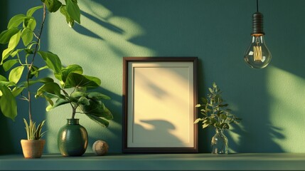 3D rendering of an empty picture frame on a shelf, with a green wall background, in a simple and clean style. Plants in vases are placed next to the photo frame, and a light bulb is hanging above it
