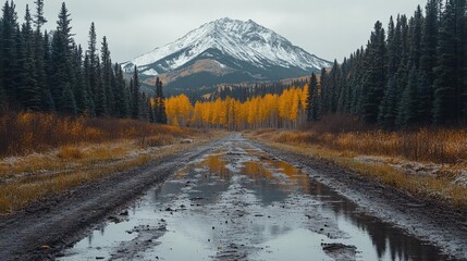 Autumn Mountain Road With Reflections