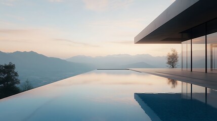 Infinity Pool Overlooking Mountain Range During a Calm Pastel Sunset