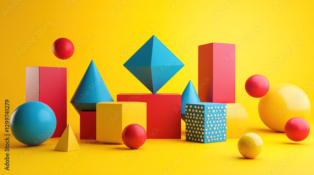Poster geometric forms and colorful shapes creating an abstract composition on a vibrant yellow background