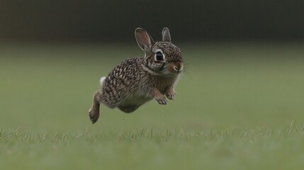 Baby rabbit leaps across green field, blurred background