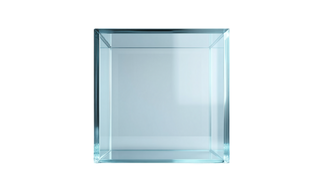 Modern empty glass display cube, isolated on transparent background, ideal for exhibitions and retail showcases to highlight products.
