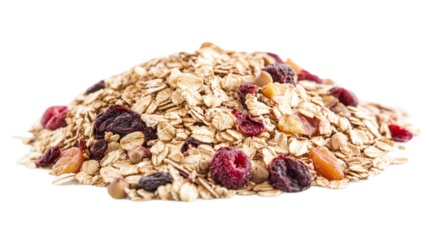 Raw organic muesli oatmeal, a healthy dry cereal mix with fruit, isolated on transparent background, perfect for a fiber-rich and nutritious breakfast.