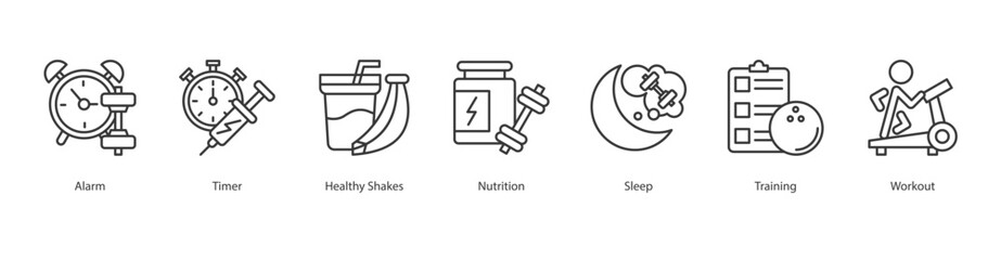 Bodyweight Training Icon Sheet alarm, timer, healthy shakes, nutrition, sleep, training, workout