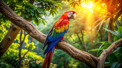 Obraz premium Vibrant Macaw Perched on Lush Tree Branch in Zoo Enclosure