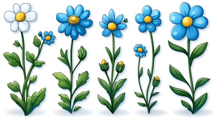 Daisy flowers in a row, white background