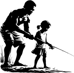 Naklejka premium Father and daughter fishing adventure lakeside digital illustration nature side view bonding moment